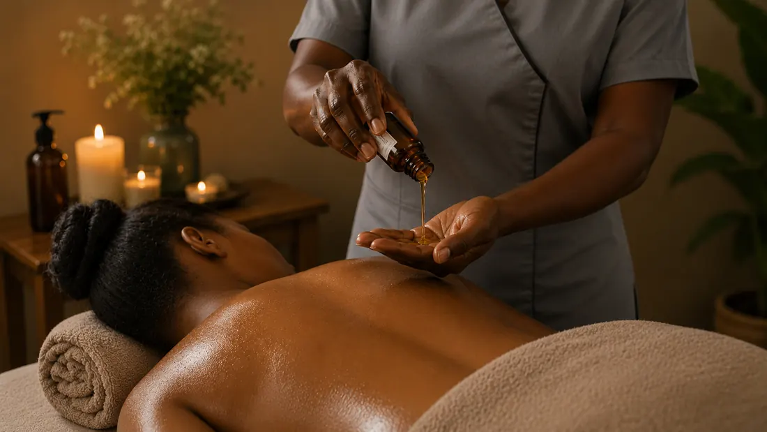 Aromatherapy mobile massage with candles and oils for a luxury wellness treatment
